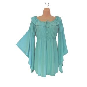 Midnight Velvet Tunic Pool Blue Bell Sleeve Peplum Office Casual Party Guest Top